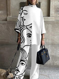 Momentlover Loose Figure Printed Split-Joint Stand Collar T-Shirt + Pants Trousers Two Pieces Set