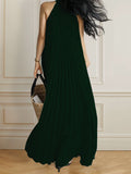 Momentlover A-Line Sleeveless Pleated Solid Color Halter-Neck Maxi Dresses