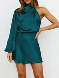 Momentlover Solid Color Elasticity Asymmetric Puff Sleeves Long Sleeves High Neck Mini Dresses