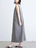 Momentlover Solid Color Sleeveless Loose Round-Neck Midi Dresses