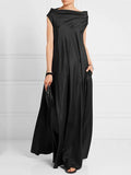 Momentlover Loose Pleated Solid Color Boat Neck Maxi Dresses