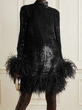 Momentlover Velvet Solid Color Feathers Chains Long Sleeves A-Line Stand Collar Mini Dresses