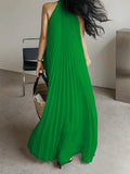 Momentlover A-Line Sleeveless Pleated Solid Color Halter-Neck Maxi Dresses