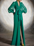 Momentlover Skinny Wrap Bandage Solid Color Split-Front Split-Joint V-Neck Maxi Evening Dresses