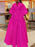 Momentlover High Waisted Puff Sleeves Falbala Solid Color V-Neck Maxi Dresses