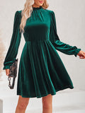 Momentlover Velvet Solid Color Ruffled Hollow Ruffle Sleeves Loose Mock Neck Mini Dresses