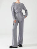 Momentlover Solid Color Loose Asymmetric Split-Front Round-Neck Long Sleeves Sweater Top + Pants Bottom Two Pieces Set