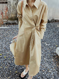 Momentlover Solid Color Asymmetric Loose Long Sleeves Lapel Shirt Dress