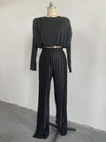 Momentlover Solid Color Long Sleeves Elasticity Pleated Round-Neck Shirts Top + High Waisted Pants Bottom Two Pieces Set