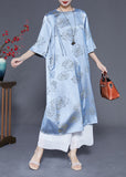 Momentlover Blue Print Silk Long Dresses Chinese Button Tassel Half Sleeve LY1959