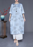 Momentlover Blue Print Silk Long Dresses Chinese Button Tassel Half Sleeve LY1959