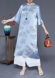 Momentlover Blue Print Silk Long Dresses Chinese Button Tassel Half Sleeve LY1959