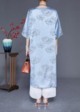 Momentlover Blue Print Silk Long Dresses Chinese Button Tassel Half Sleeve LY1959