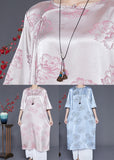 Momentlover Blue Print Silk Long Dresses Chinese Button Tassel Half Sleeve LY1959