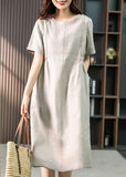 Momentlover Bohemian Khaki O-Neck Patchwork Wrinkled Linen Long Dresses Summer LY1755