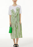 Momentlover Boho Green O-Neck Wrinkled Print Patchwork Cotton Dress Summer LY1226