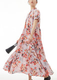 Momentlover Elegant Pink Stand Collar Wrinkled Print Patchwork Chiffon Dress Summer LY1274