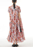 Momentlover Elegant Pink Stand Collar Wrinkled Print Patchwork Chiffon Dress Summer LY1274