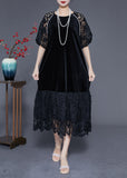 Momentlover French Black Hollow Out Lace Patchwork Silk Velour Maxi Dresses Summer LY1765