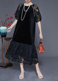 Momentlover French Black Hollow Out Lace Patchwork Silk Velour Maxi Dresses Summer LY1765