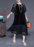 Momentlover French Black Hollow Out Lace Patchwork Silk Velour Maxi Dresses Summer LY1765