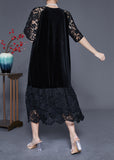 Momentlover French Black Hollow Out Lace Patchwork Silk Velour Maxi Dresses Summer LY1765