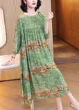 Momentlover Handmade Green Print Wrinkled Patchwork Silk Long Dress Long Sleeve LY1796