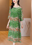 Momentlover Handmade Green Print Wrinkled Patchwork Silk Long Dress Long Sleeve LY1796