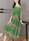 Momentlover Handmade Green Print Wrinkled Patchwork Silk Long Dress Long Sleeve LY1796