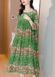 Momentlover Handmade Green Print Wrinkled Patchwork Silk Long Dress Long Sleeve LY1796