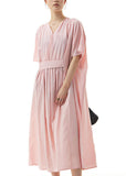 Momentlover Handmade Pink V Neck Wrinkled Patchwork Cotton Dress Summer LY1159