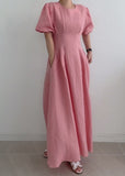 Momentlover Modern Rose Cinched Wrinkled Linen Long Dress Puff Sleeve LY1769