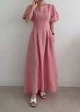 Momentlover Modern Rose Cinched Wrinkled Linen Long Dress Puff Sleeve LY1769