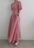 Momentlover Modern Rose Cinched Wrinkled Linen Long Dress Puff Sleeve LY1769