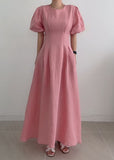 Momentlover Modern Rose Cinched Wrinkled Linen Long Dress Puff Sleeve LY1769