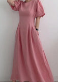 Momentlover Modern Rose Cinched Wrinkled Linen Long Dress Puff Sleeve LY1769