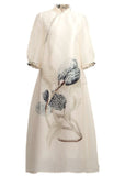 Momentlover Natural Beige Wrinkled Print Tulle Gown Dresses Spring LY1767