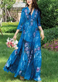 Momentlover Natural Blue V Neck Print Chiffon Long Holiday Dress Long Sleeve LY1772