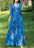 Momentlover Natural Blue V Neck Print Chiffon Long Holiday Dress Long Sleeve LY1772