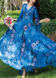 Momentlover Natural Blue V Neck Print Chiffon Long Holiday Dress Long Sleeve LY1772