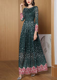 Momentlover Novelty Green O-Neck Print Lace Patchwork Tunic Maxi Dress Long Sleeve LY1769