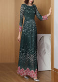 Momentlover Novelty Green O-Neck Print Lace Patchwork Tunic Maxi Dress Long Sleeve LY1769