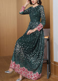 Momentlover Novelty Green O-Neck Print Lace Patchwork Tunic Maxi Dress Long Sleeve LY1769