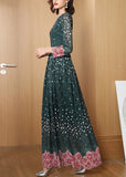 Momentlover Novelty Green O-Neck Print Lace Patchwork Tunic Maxi Dress Long Sleeve LY1769