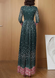 Momentlover Novelty Green O-Neck Print Lace Patchwork Tunic Maxi Dress Long Sleeve LY1769