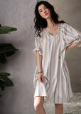 Momentlover Style White V Neck Striped Cotton Long Dresses Summer LY1965