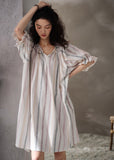 Momentlover Style White V Neck Striped Cotton Long Dresses Summer LY1965