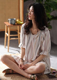 Momentlover Style White V Neck Striped Cotton Long Dresses Summer LY1965