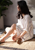 Momentlover Style White V Neck Striped Cotton Long Dresses Summer LY1965