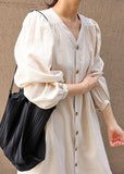 Momentlover Women Apricot V Neck Wrinkled Patchwork Cotton Dresses Lantern Sleeve LY1775